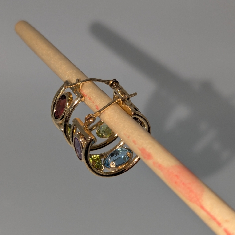 Sold ♥️14k Yellow Gold Amethyst Peridot Blue Topaz Multi-Gemstone Hoop Earrings - Picture 7 of 16